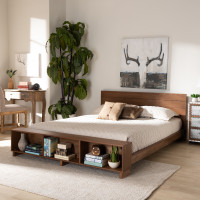 Baxton Studio MG0017-Ash Walnut-Full Regina Modern Rustic Ash Walnut Brown Finished Wood Full Size Platform Storage Bed with Built-In Shelves